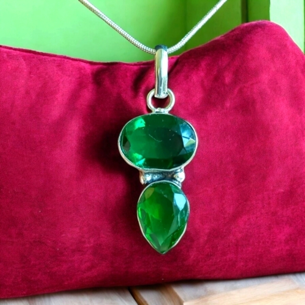 Faceted Natural Green Sparkling Double Topaz 925 Sterling Silver Necklace